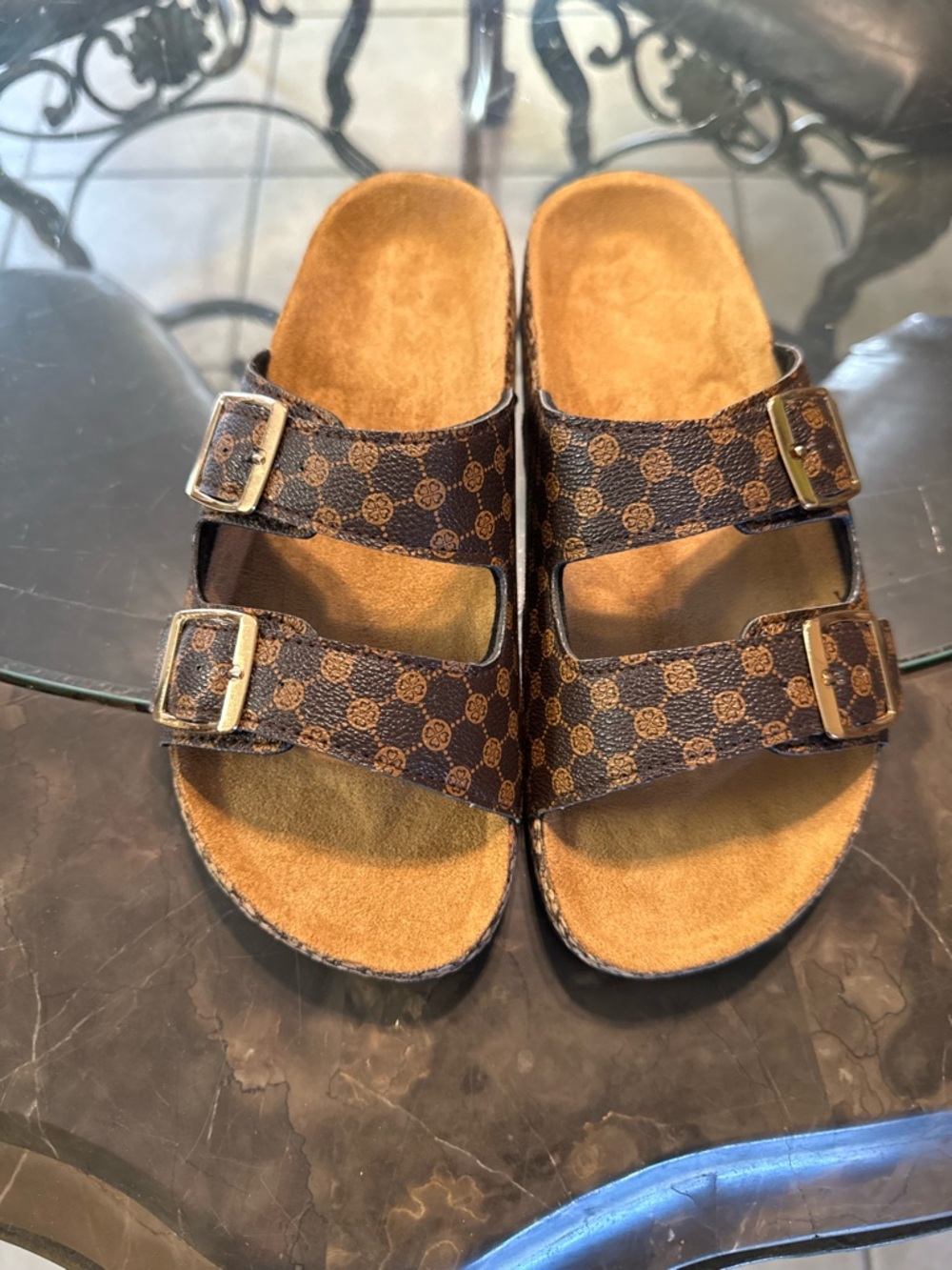 Brown Patterned Double-Buckle Slide Sandals Size 7
